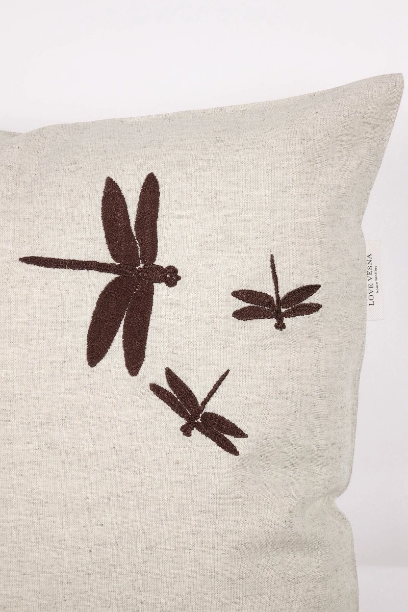 Декоративная наволочка с вышивкой Стрекоза на молнии полулен "ГОС" Льняная_