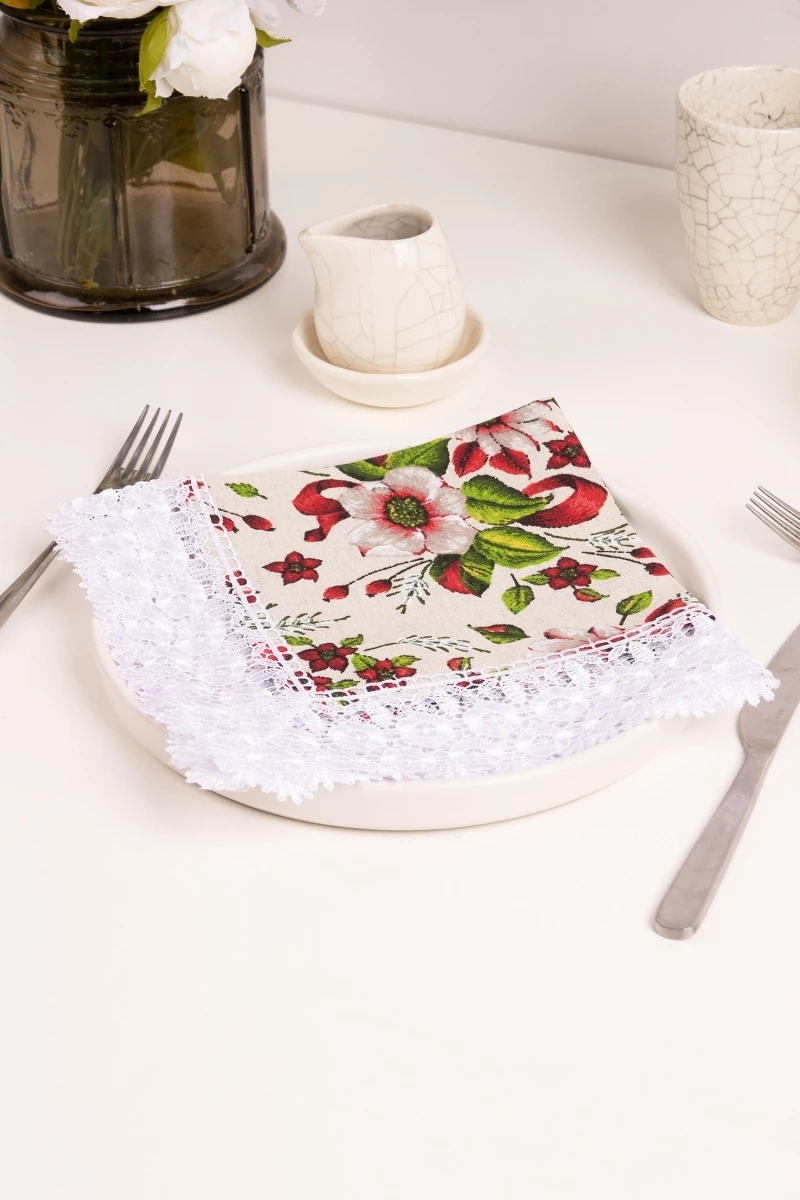 Салфетка полулен с кружевом 027 Герберы (красный) (вид 9)