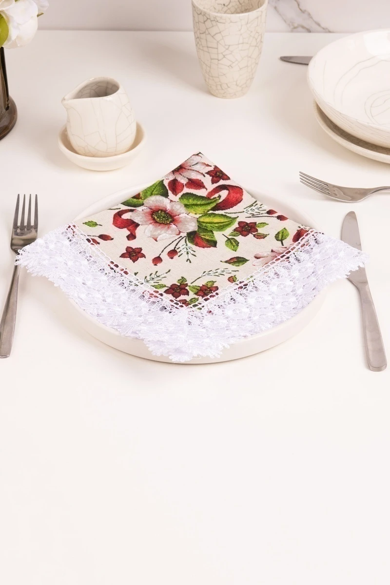 Салфетка полулен с кружевом 027 Герберы (красный) (вид 9)