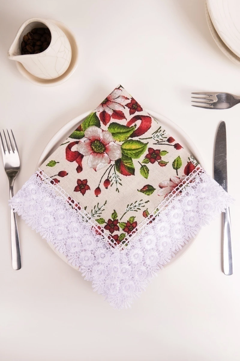 Салфетка полулен с кружевом 027 Герберы (красный) (вид 9)