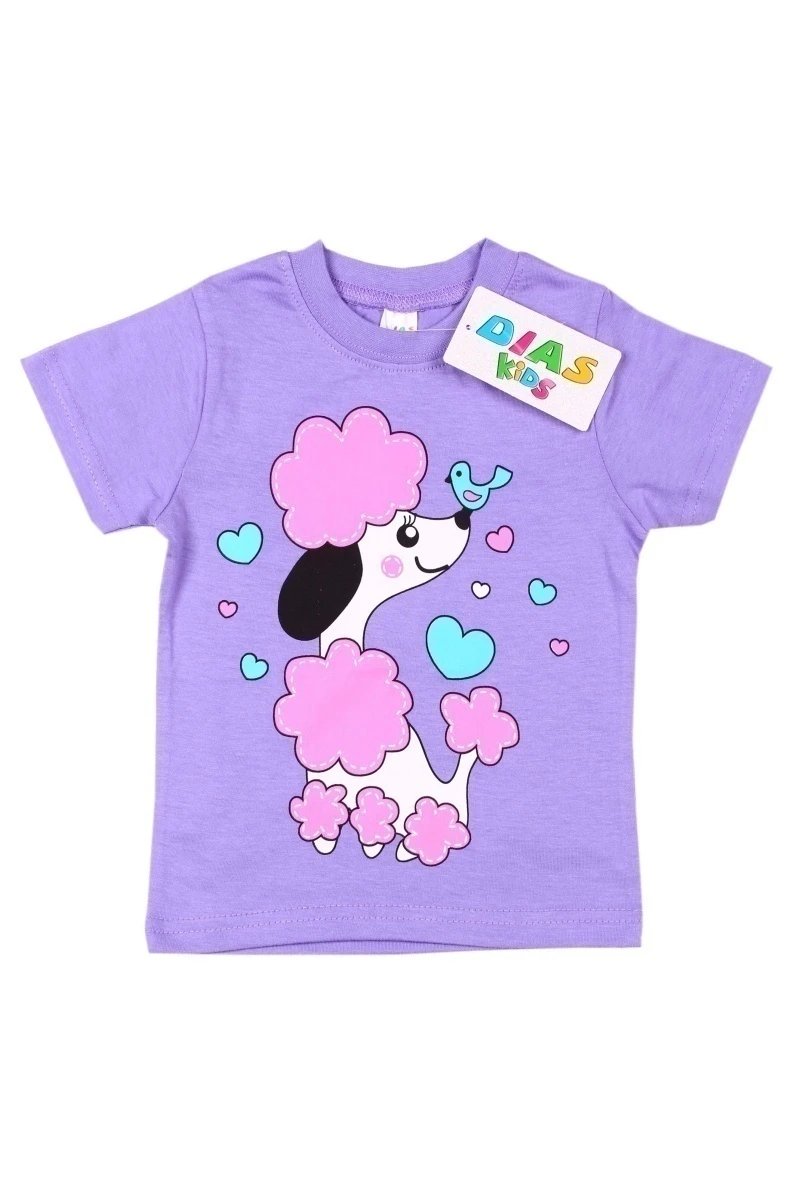 Футболка для девочки "Пудель с птичкой" D001F сиреневый