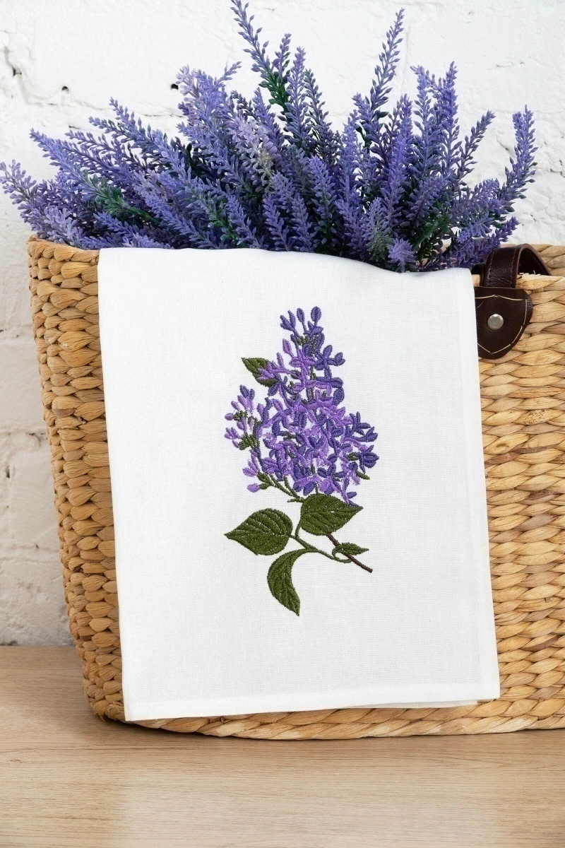 Полотенце полулен Отбеленное с вышивкой Сирень - 45/60_