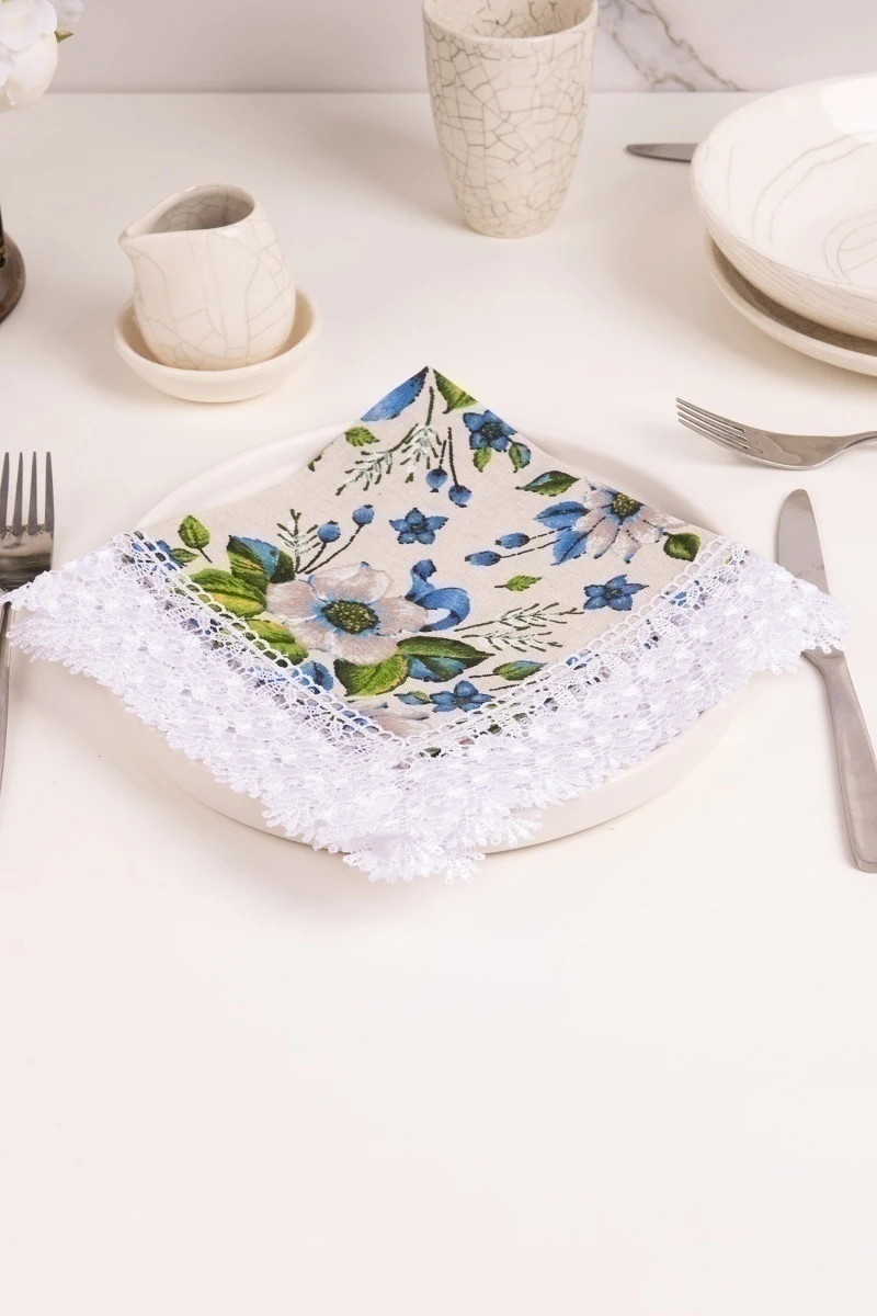 Салфетка полулен с кружевом 028 Герберы (синий) (вид 9)