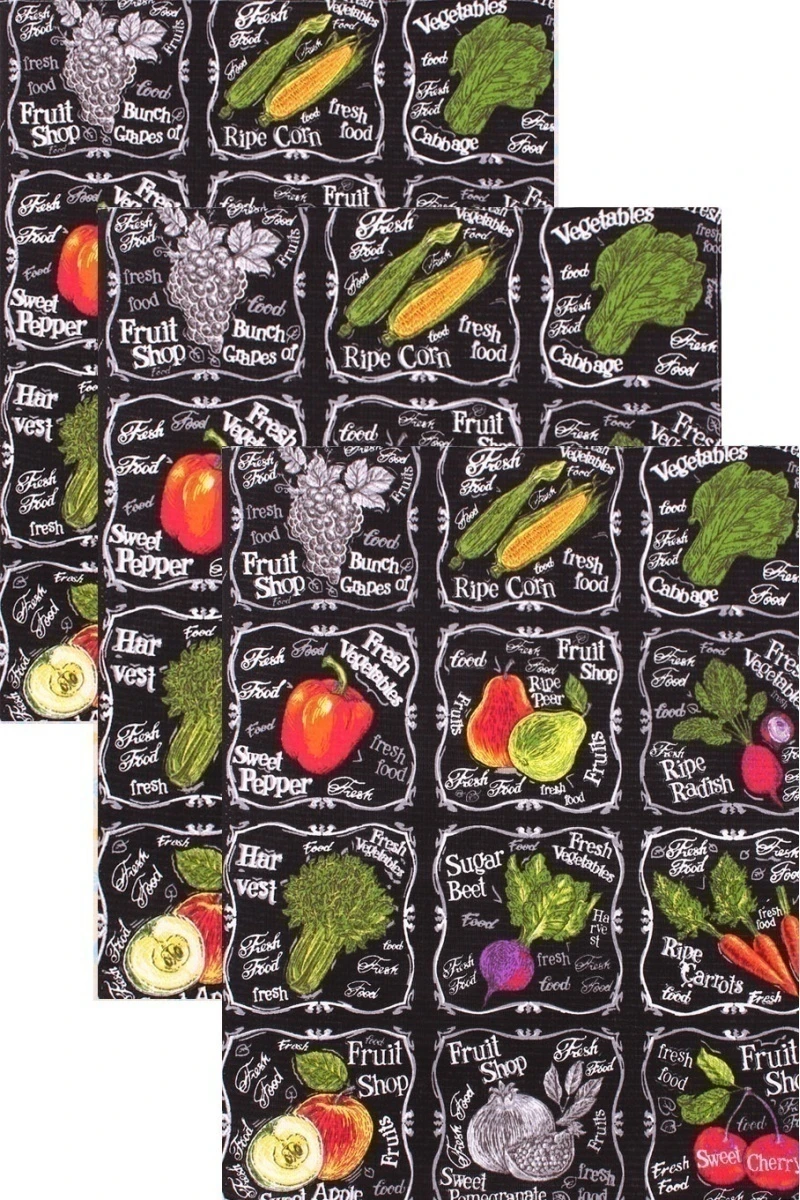 Набор вафельных полотенец 047 Витаминчики (черный) - 3 шт - 45х60 см