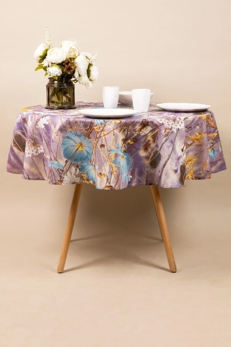 Скатерть круглая полулен "ГП" Осенний блюз (голубой) (145х145 см)