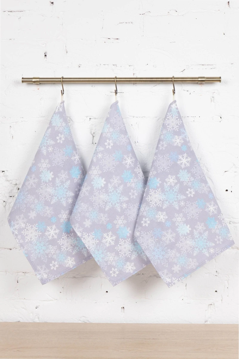 Набор полотенец рогожка (Диз) 033 Пушистые снежинки (голубой) - 3 шт - 45х60 см