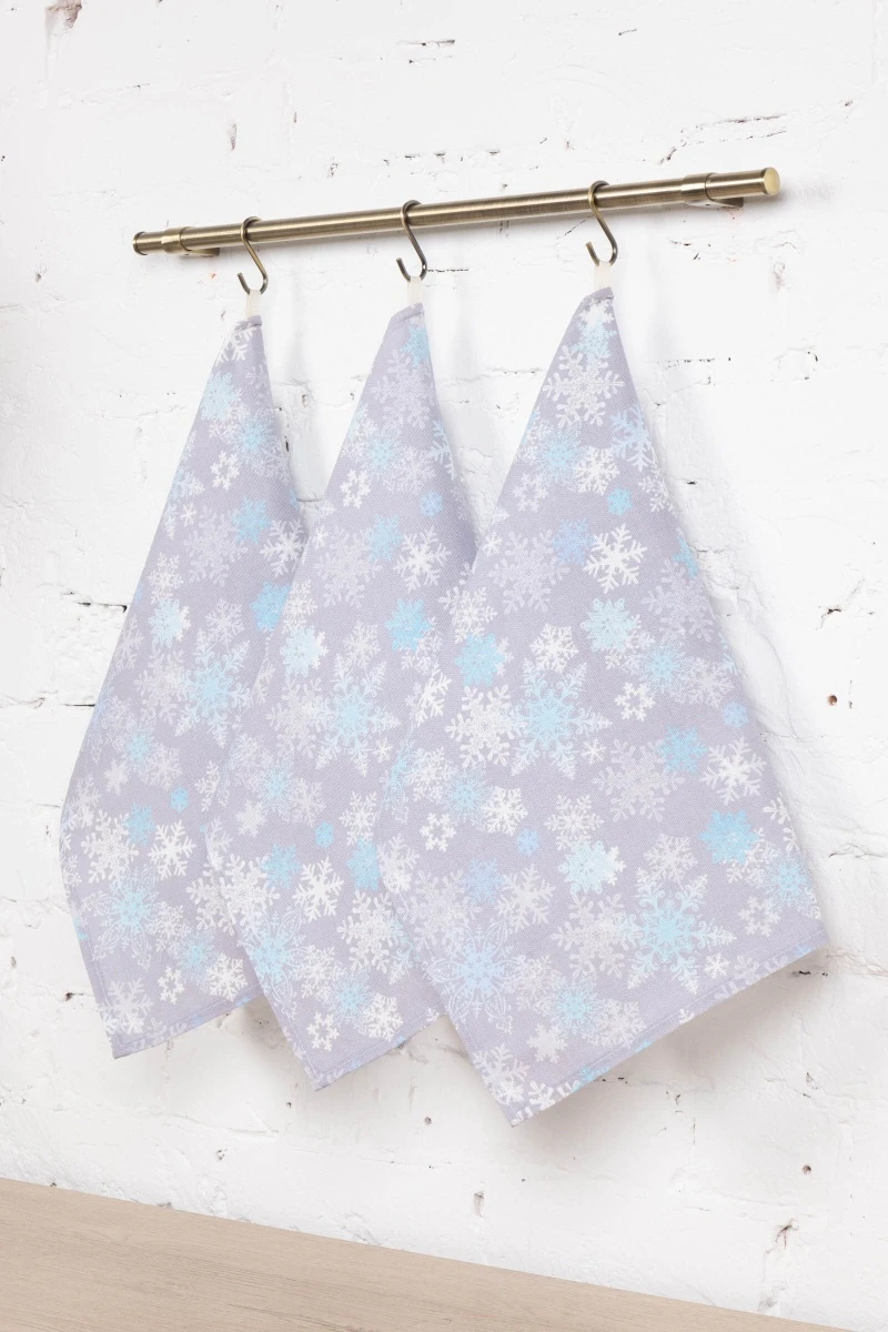 Набор полотенец рогожка (Диз) 033 Пушистые снежинки (голубой) - 3 шт - 45х60 см