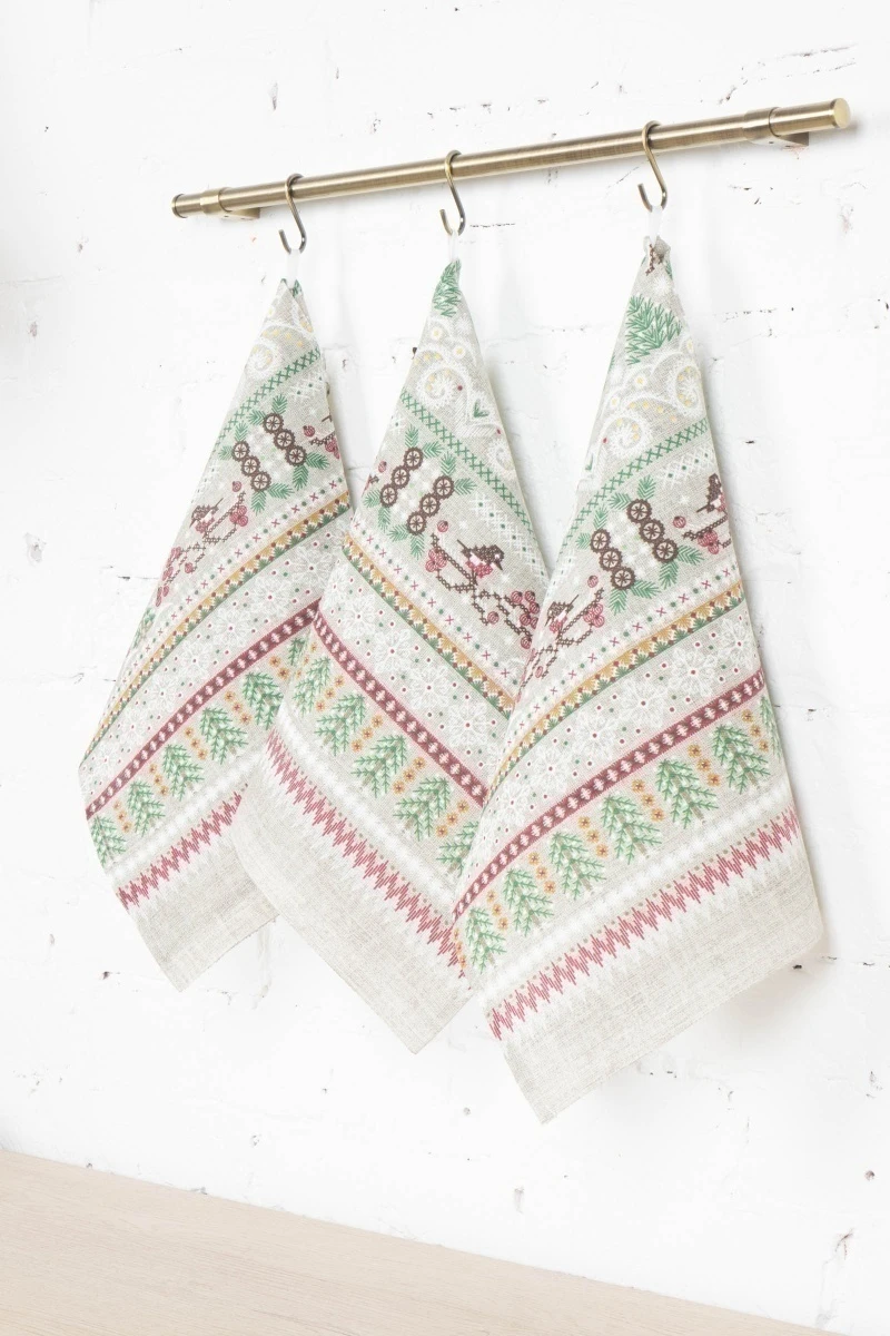 Набор полотенец рогожка (Пром) 224 Домики зимой (песочный) - 3 шт - 35х75 см