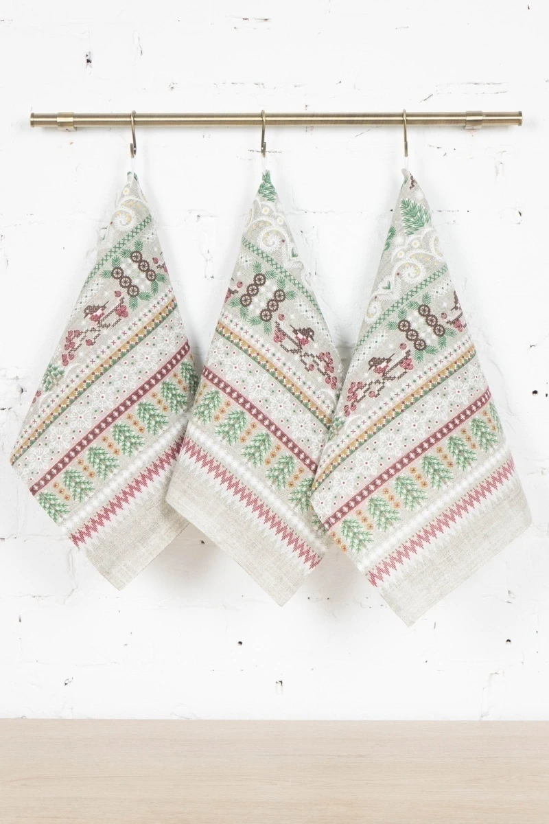 Набор полотенец рогожка (Пром) 224 Домики зимой (песочный) - 3 шт - 35х75 см