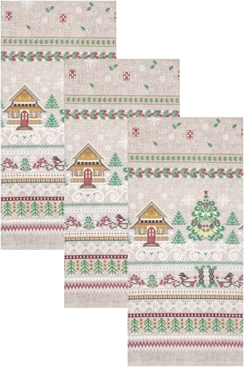 Набор полотенец рогожка (Пром) 224 Домики зимой (песочный) - 3 шт - 35х75 см