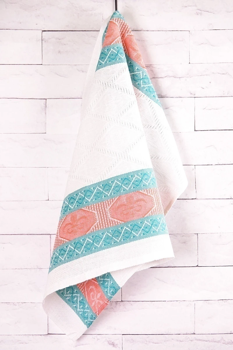 Полотенце полулен жаккард 089 Узоры (зелен+оранж) - 50/65