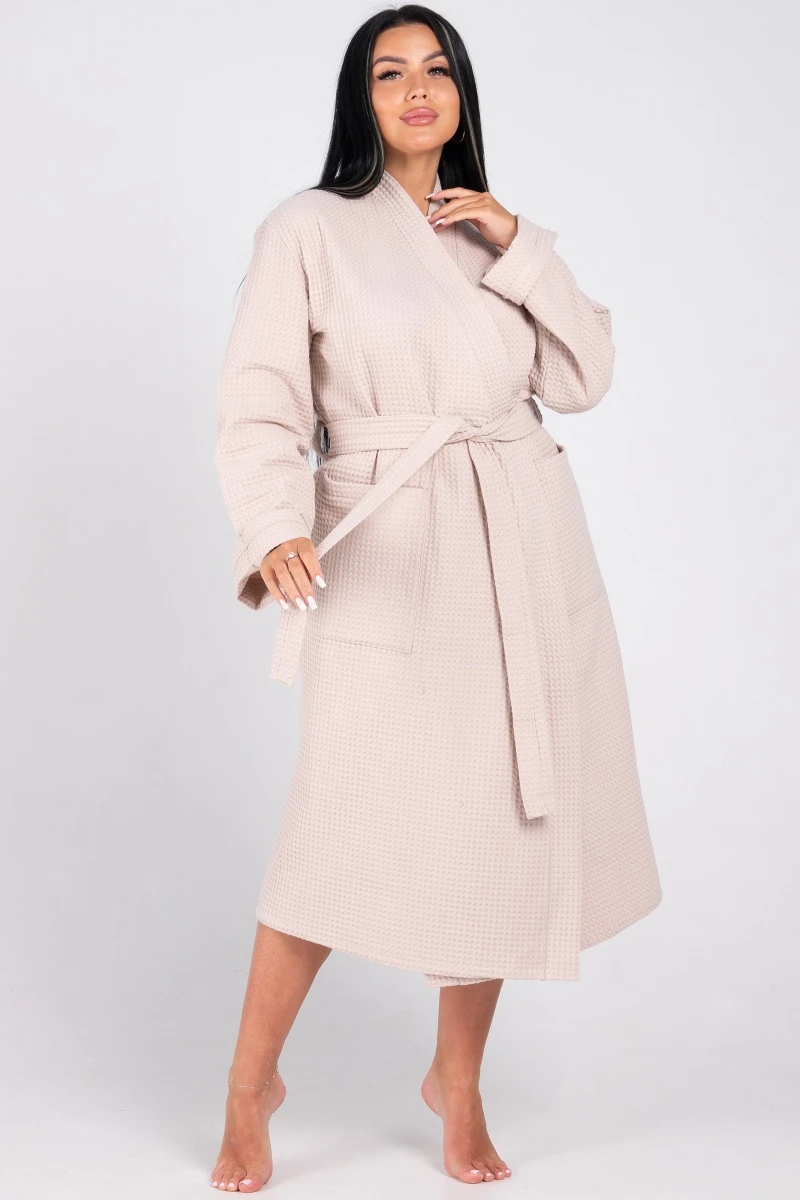 (СК) Халат женский вафельный запашной "Сакура" миндаль