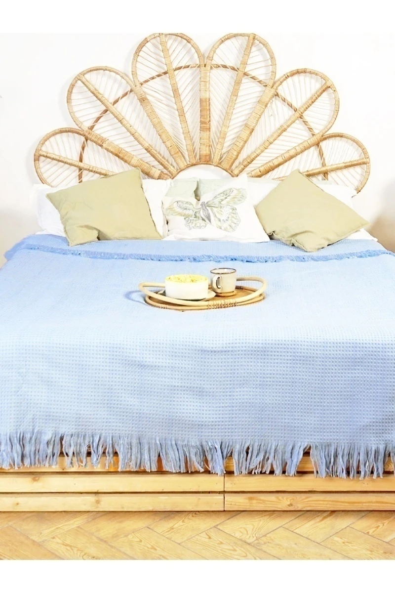 Покрывало вафельное ПИКЕ с бахромой (9000) - голубой