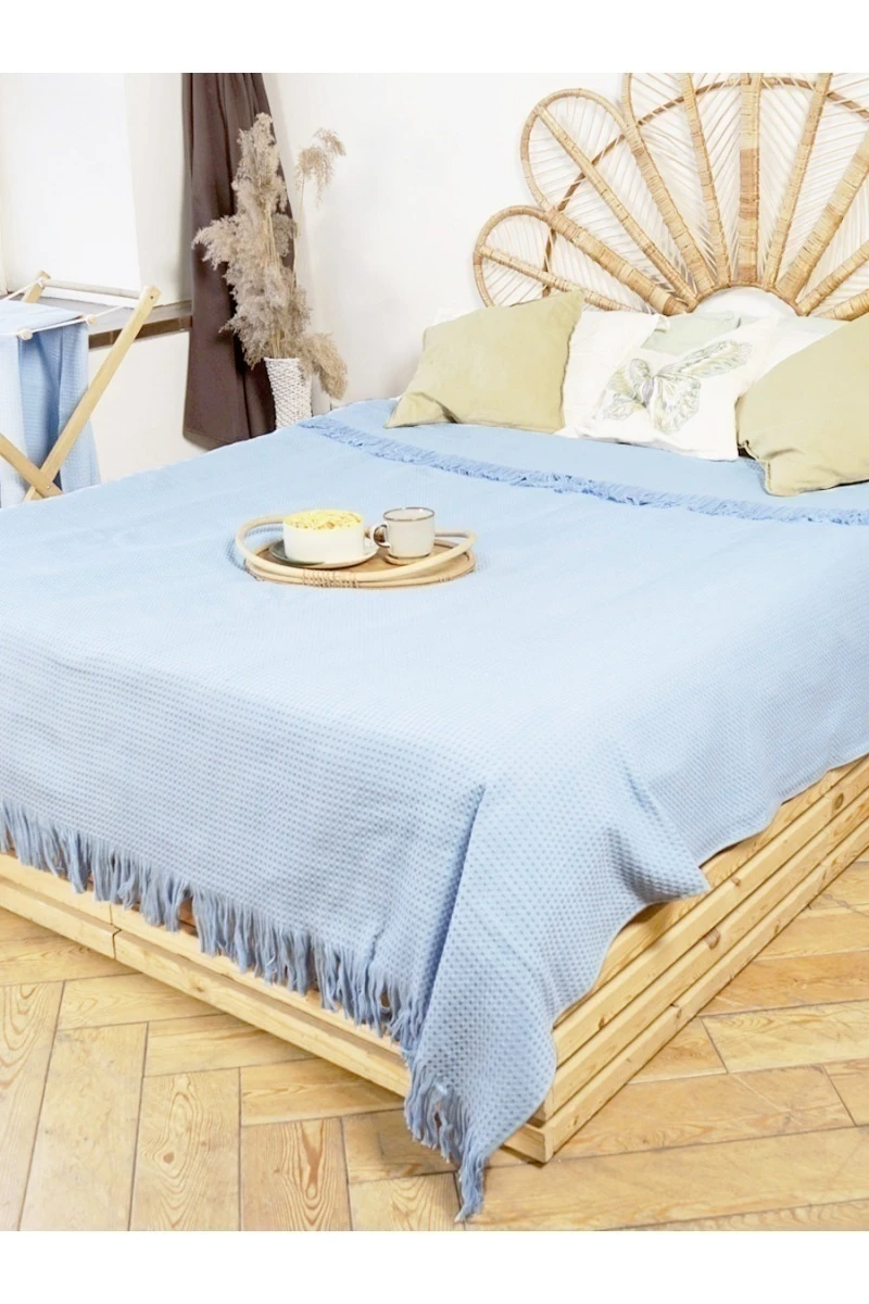 Покрывало вафельное ПИКЕ с бахромой (9000) - голубой