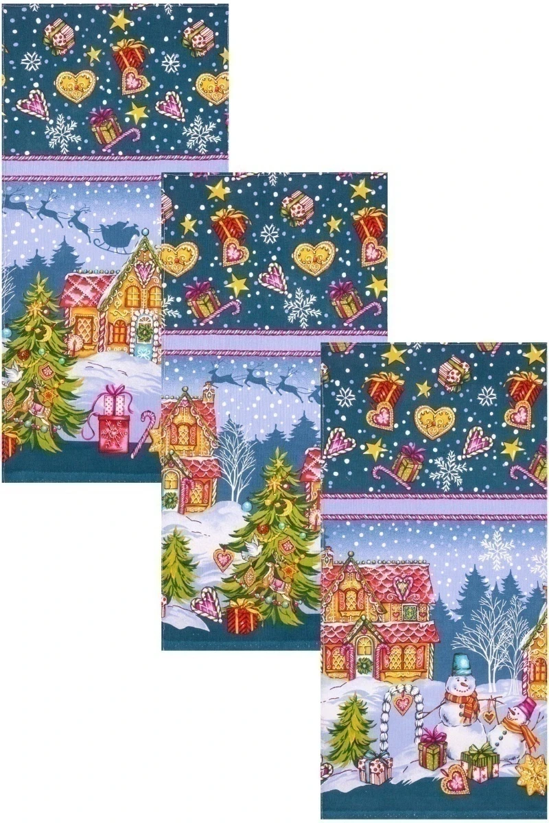 Набор полотенец рогожка (Пром) 390 Сладкий домик (изумруд) - 3 шт - 35х75 см