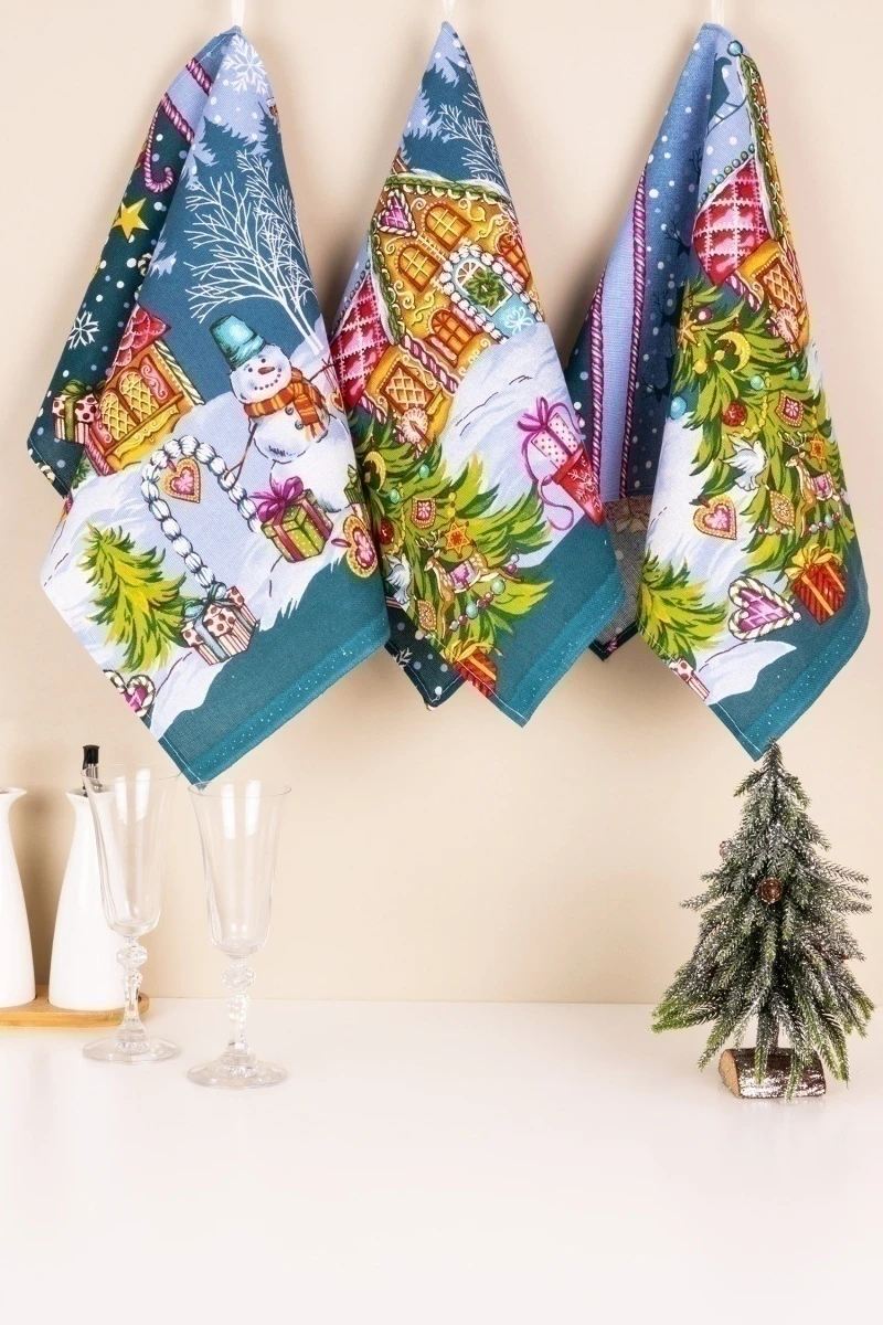 Набор полотенец рогожка (Пром) 390 Сладкий домик (изумруд) - 3 шт - 35х75 см