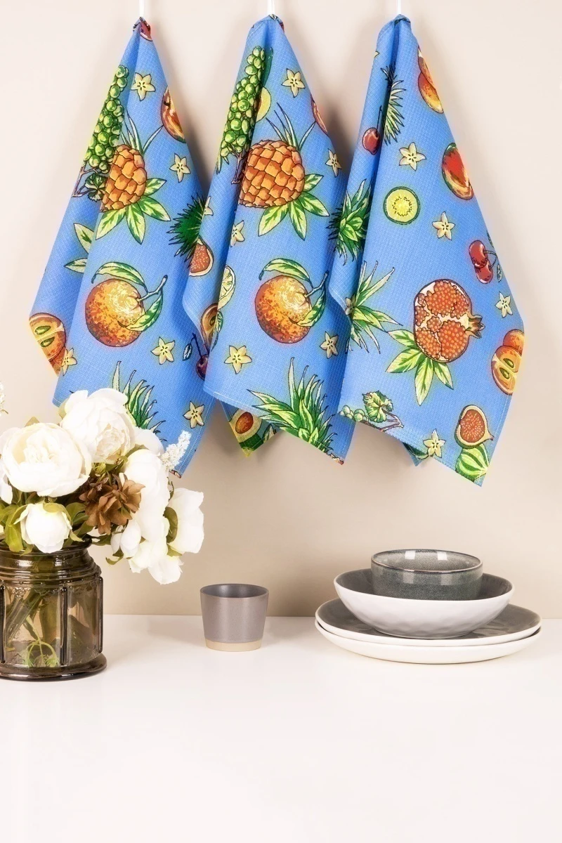 Набор вафельных полотенец (Талка) 157 Тутти-Фрутти (синий) - 3 шт - 45х60 см