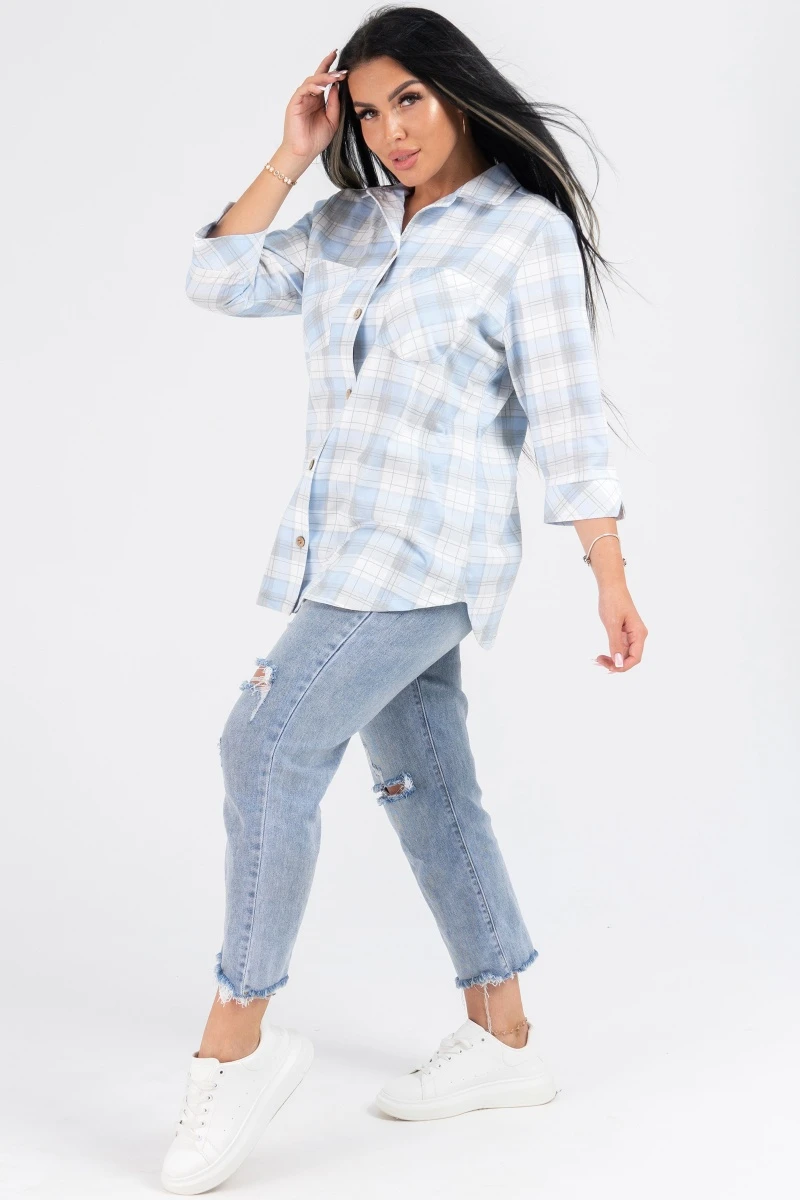 (СК) Рубашка в клетку женская "Александра" небо