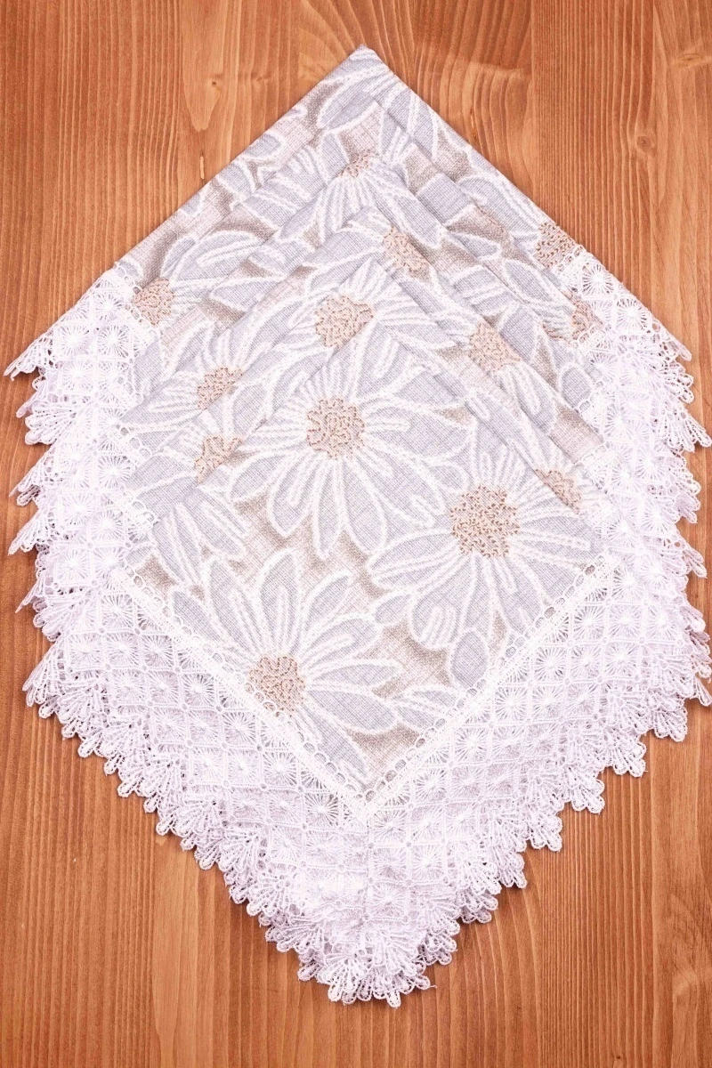 Салфетка из рогожки с кружевом 016 Ромашки (серые) (вид 3)