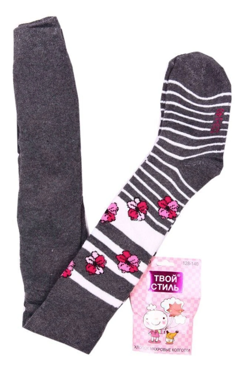 Детские колготки хлопковые "ТВОЙ СТИЛЬ" 7202 серые с цветами