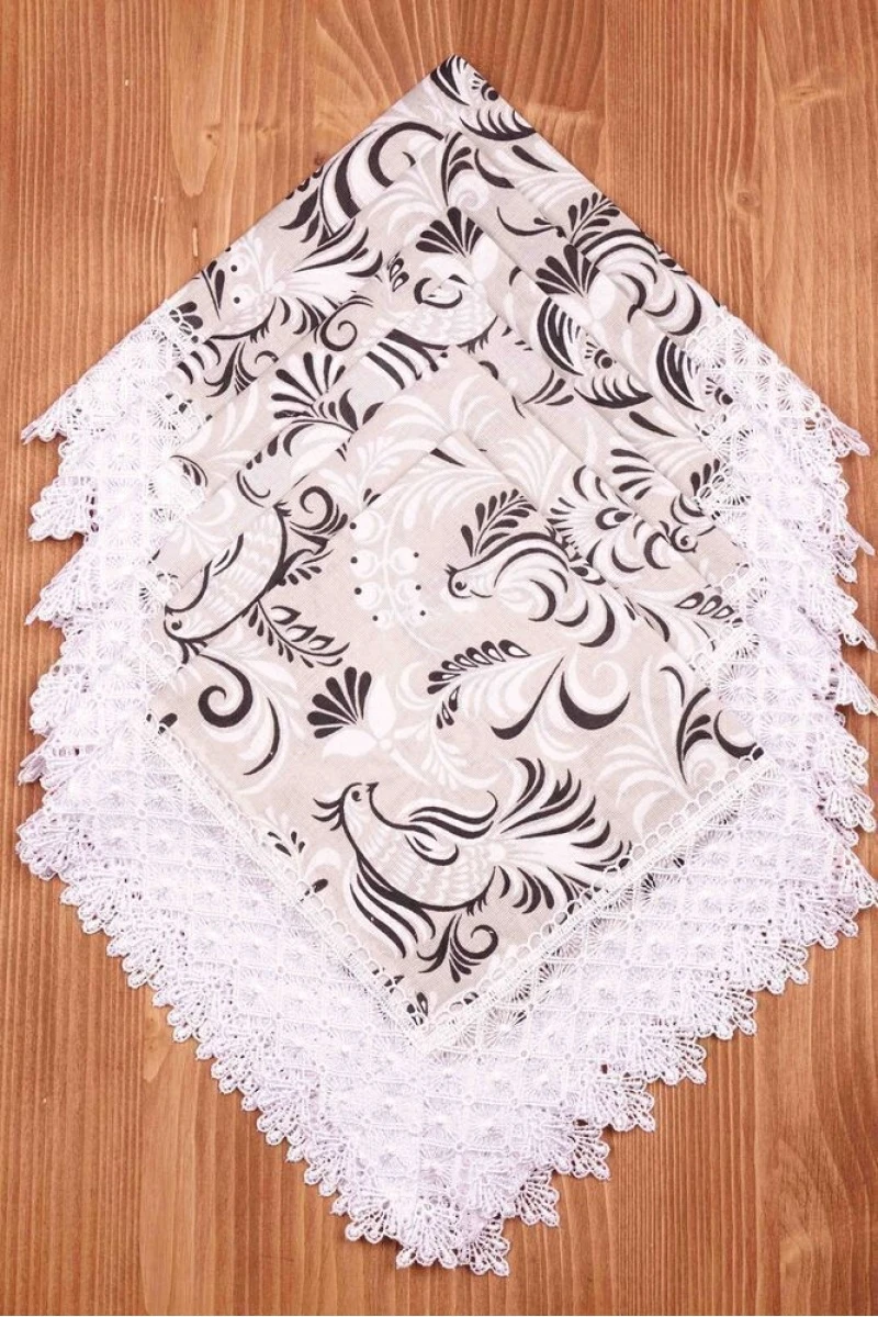 Салфетка полулен с кружевом 003 Петухи черные (вид 3)