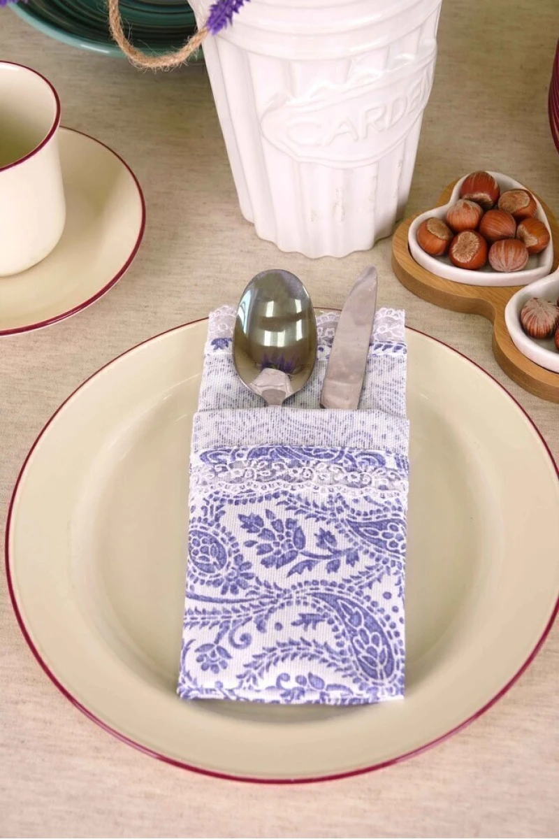 Салфетка из рогожки с кружевом 025 Персия (синий) (вид 5)