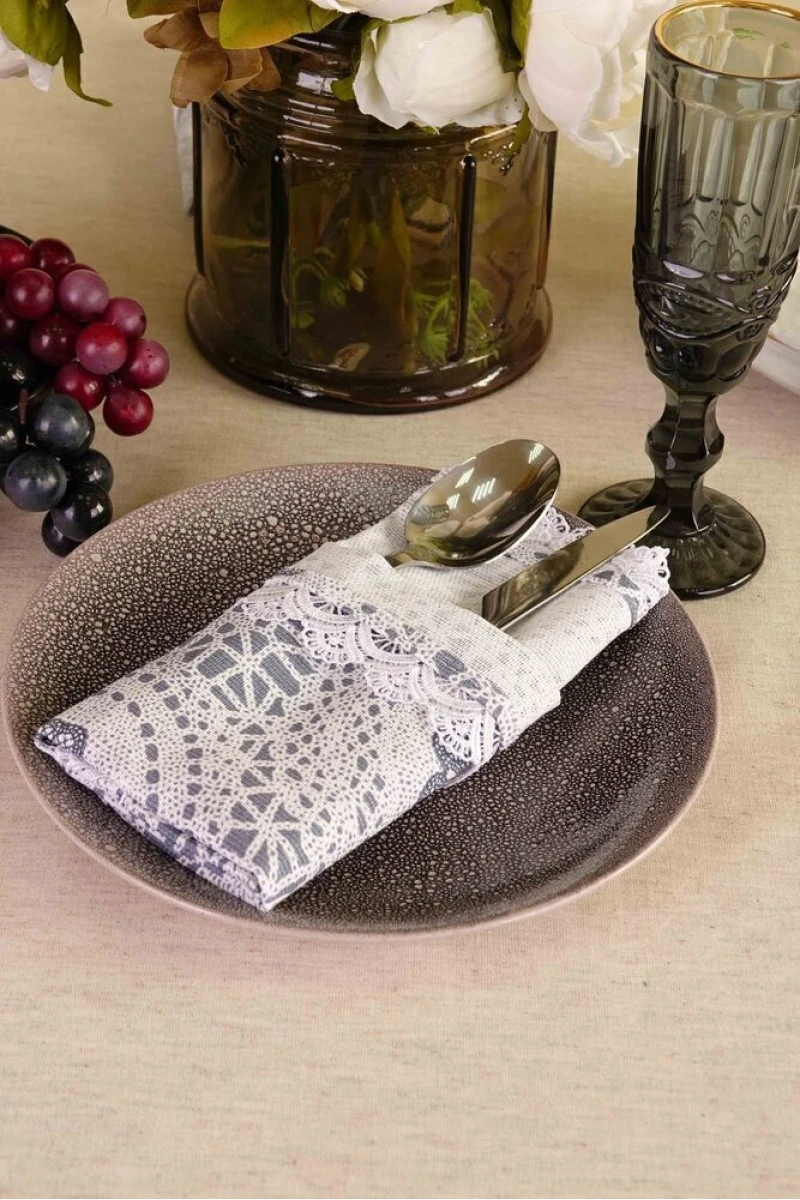 Салфетка из рогожки с кружевом 020 Ажур (серо-голубой) (вид 2)