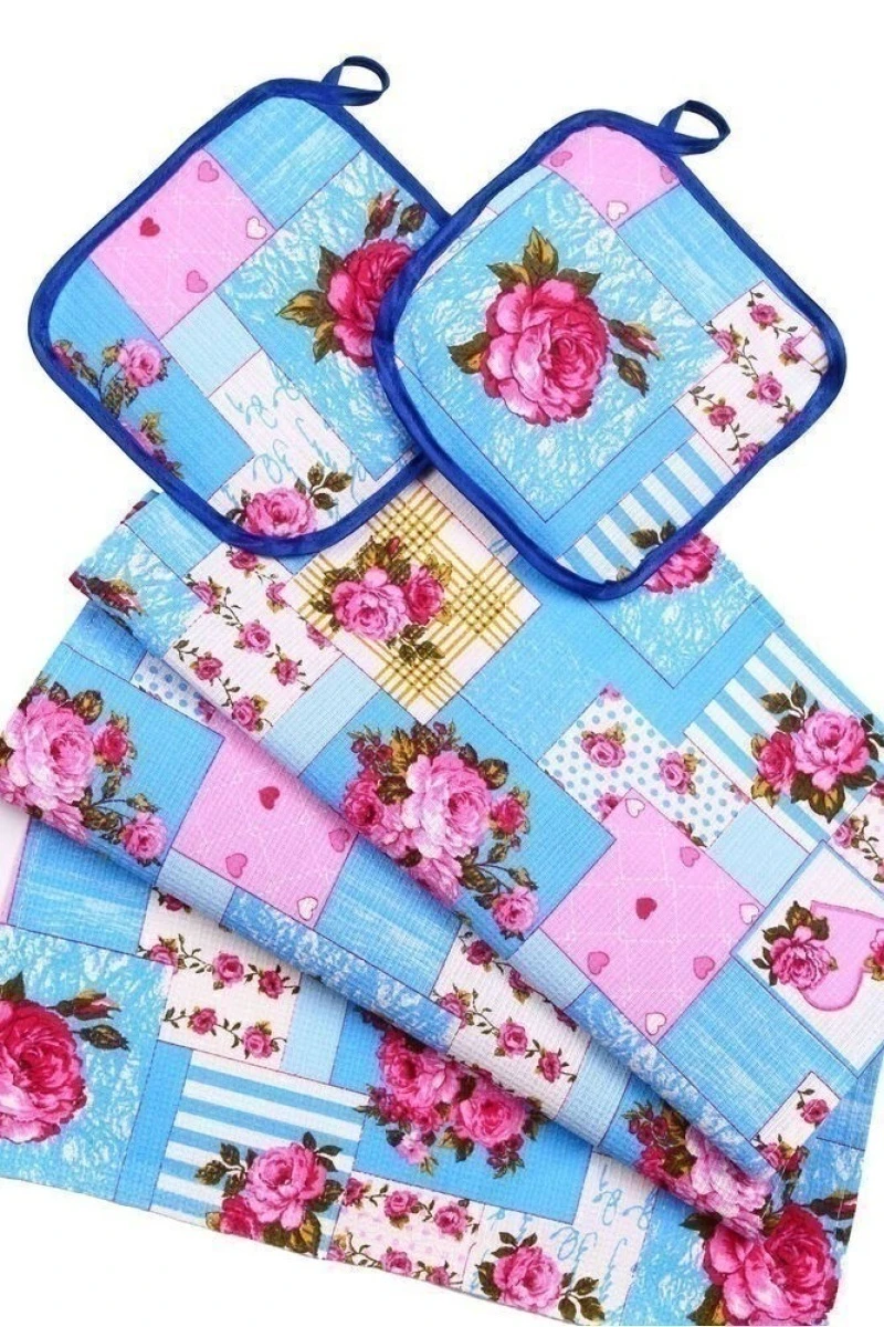 (К) Кухонный набор 103 Кантри голубой: полотенце, 2 прихватки