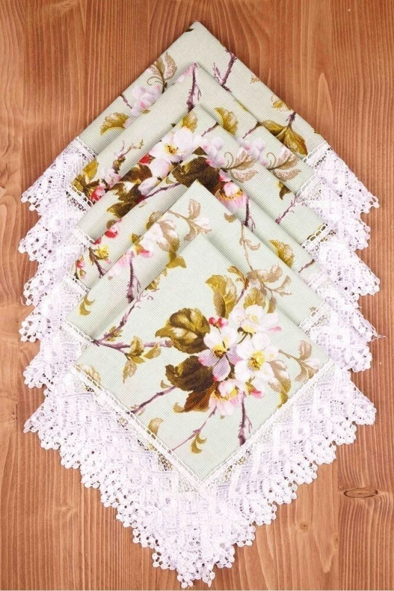 Салфетка из рогожки с кружевом 009 Яблоневый цвет (зеленый) (вид 4)