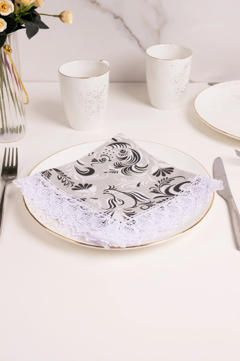 Салфетка полулен с кружевом 016 Петухи черные (вид 8)