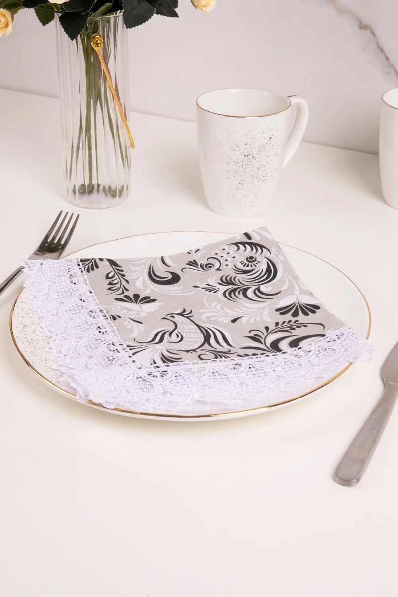 Салфетка полулен с кружевом 016 Петухи черные (вид 8)