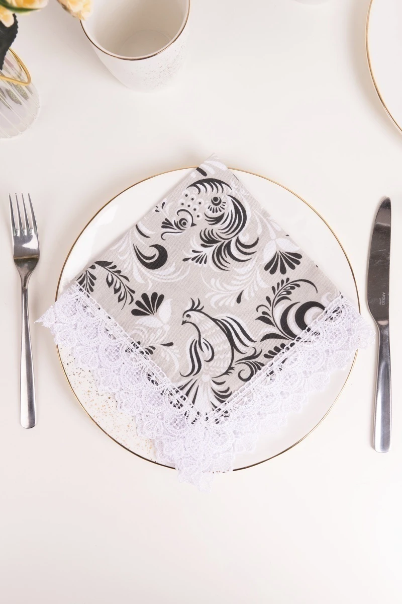 Салфетка полулен с кружевом 016 Петухи черные (вид 8)