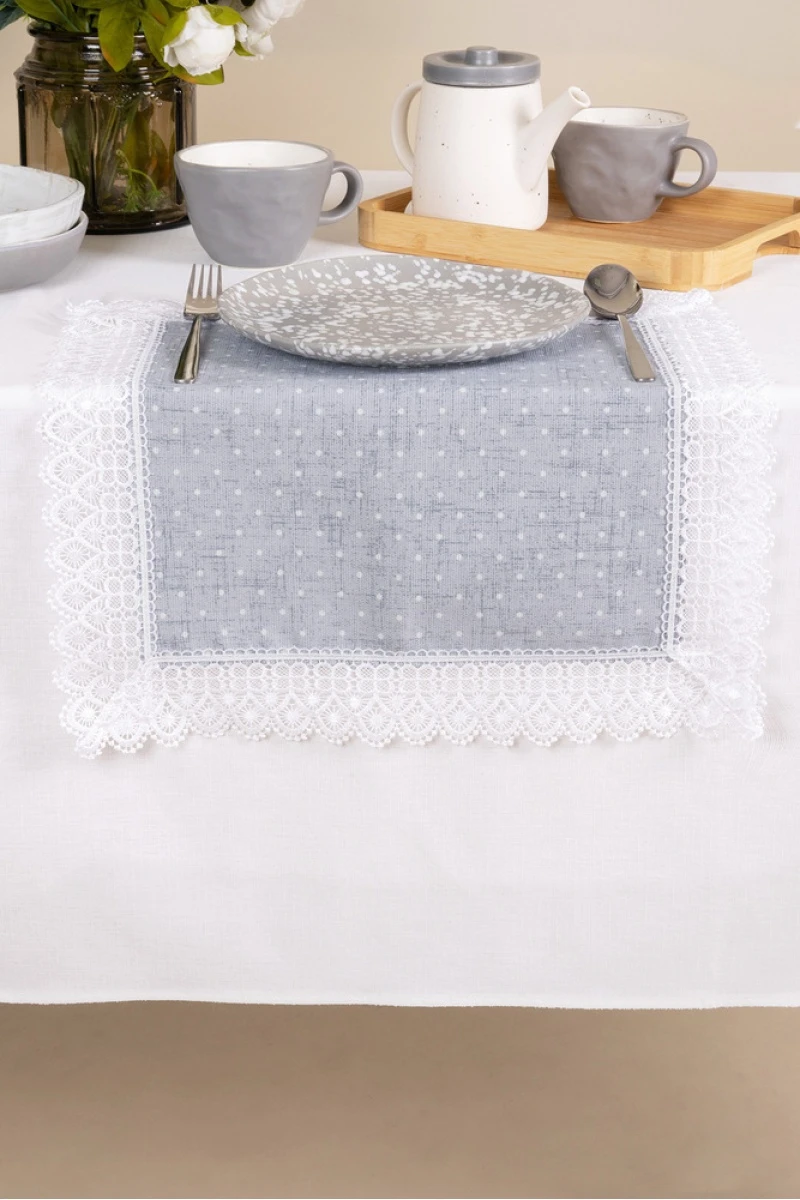 Салфетка из рогожки с кружевом 047 Горох на сером (вид 13)