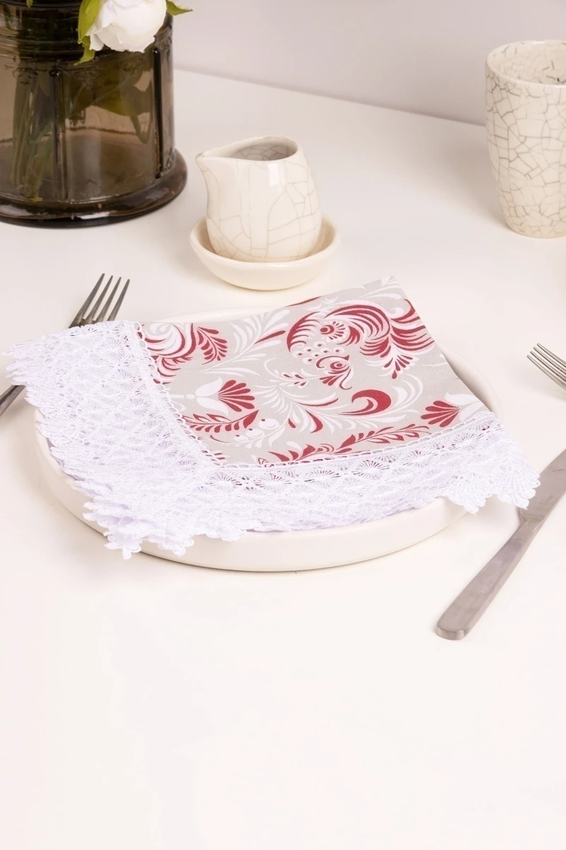 Салфетка полулен с кружевом 006 Петухи красные (вид 3)