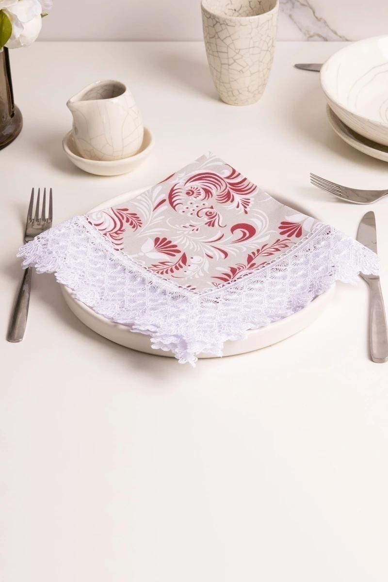 Салфетка полулен с кружевом 006 Петухи красные (вид 3)