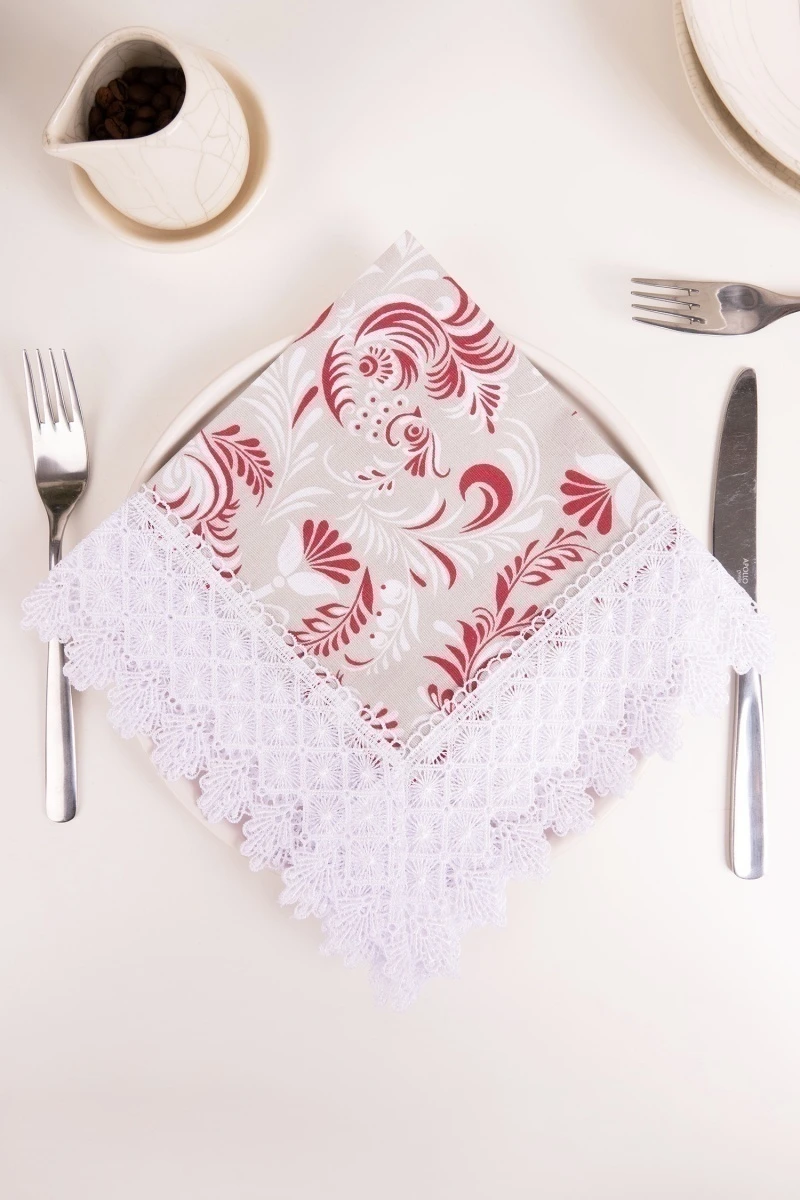 Салфетка полулен с кружевом 006 Петухи красные (вид 3)