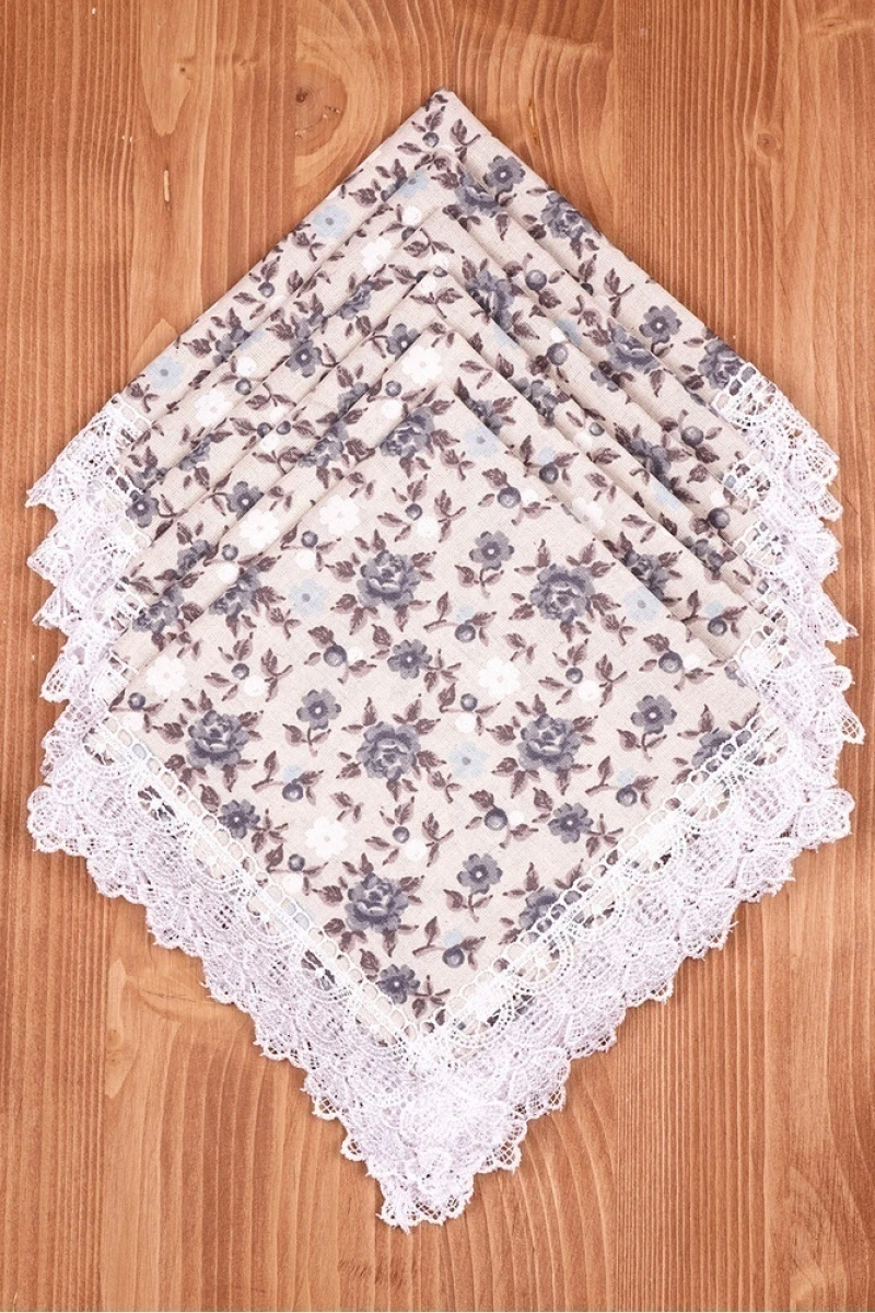 Салфетка полулен с кружевом 022 Букетики маков (серый) (вид 8)