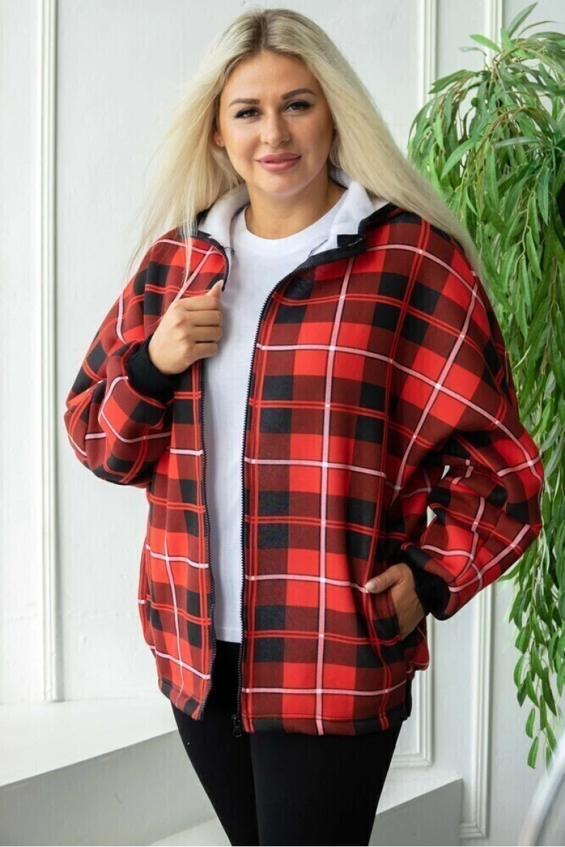 (СК) Толстовка женская на молнии "Техас" красная клетка