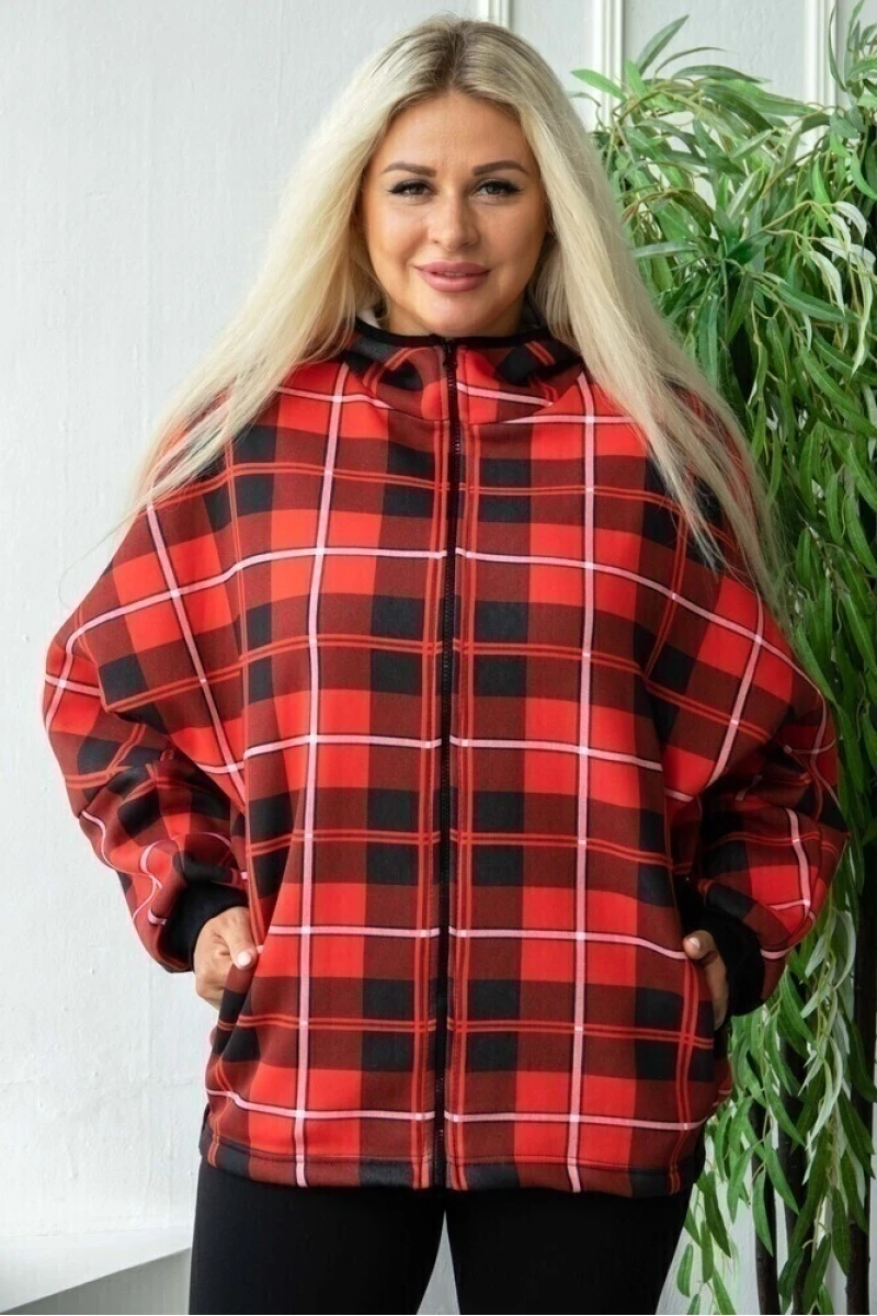 (СК) Толстовка женская на молнии "Техас" красная клетка