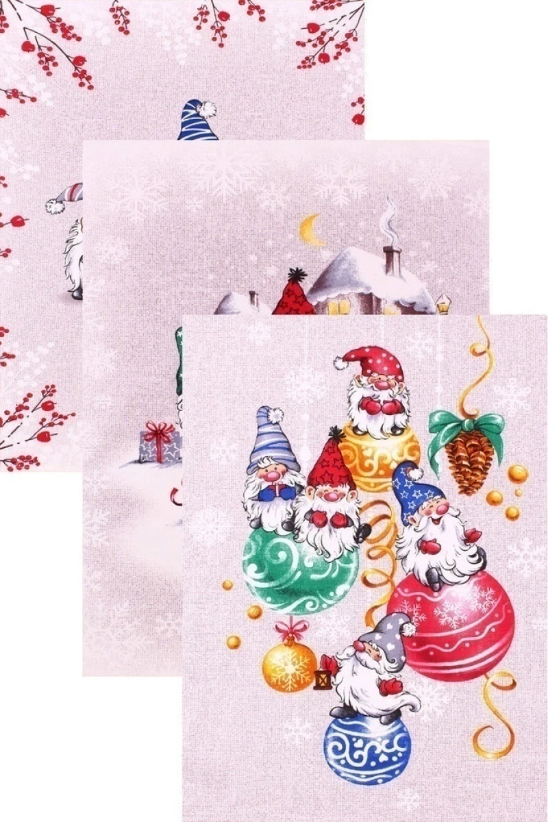 (К) Набор полотенец рогожка Новогодние гномы - 3 шт - 45х60 см