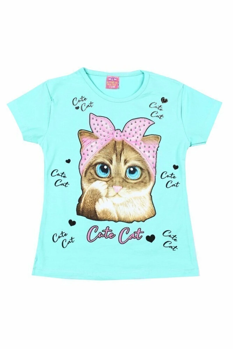 Футболка для девочки "Кошка в модной повязке" мята