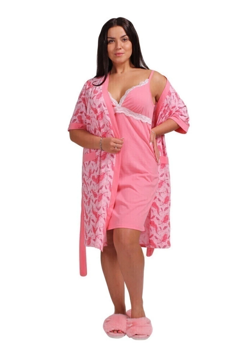 (СК) Комплект с халатом "Милана", коралловый + перья