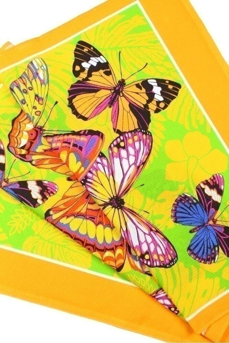 (К) Полотенце пляжное вафельное 009 Бабочки оранжевое - 150/80