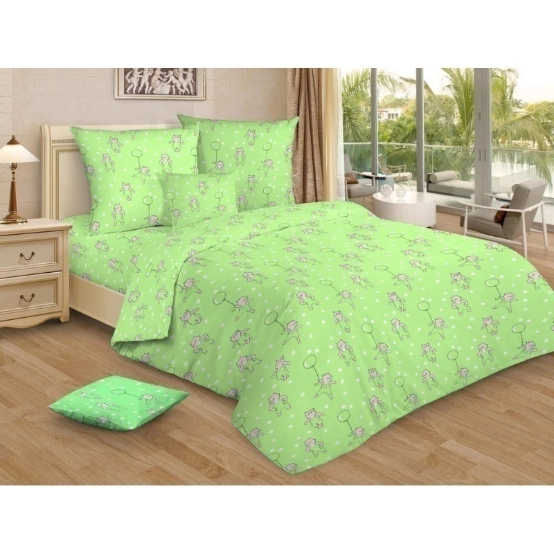 Постельное белье 125г/м бязь "Маленький котенок" цв. зелен. р. 1.5 сп. арт. 7594-3