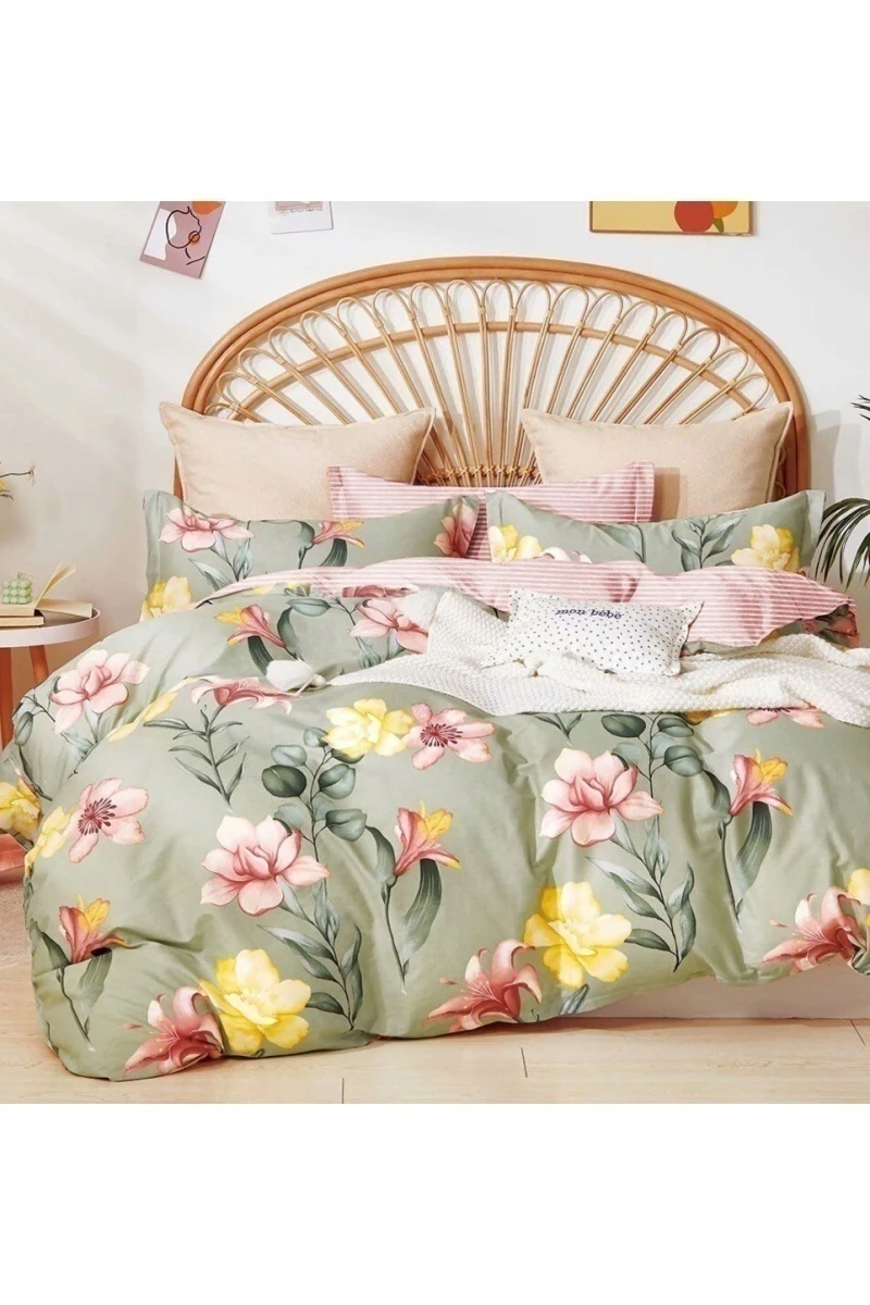 Простыня на резинке "ПолиТекс" сатин "Цветочная идиллия" зеленый арт. 2133 тип 2