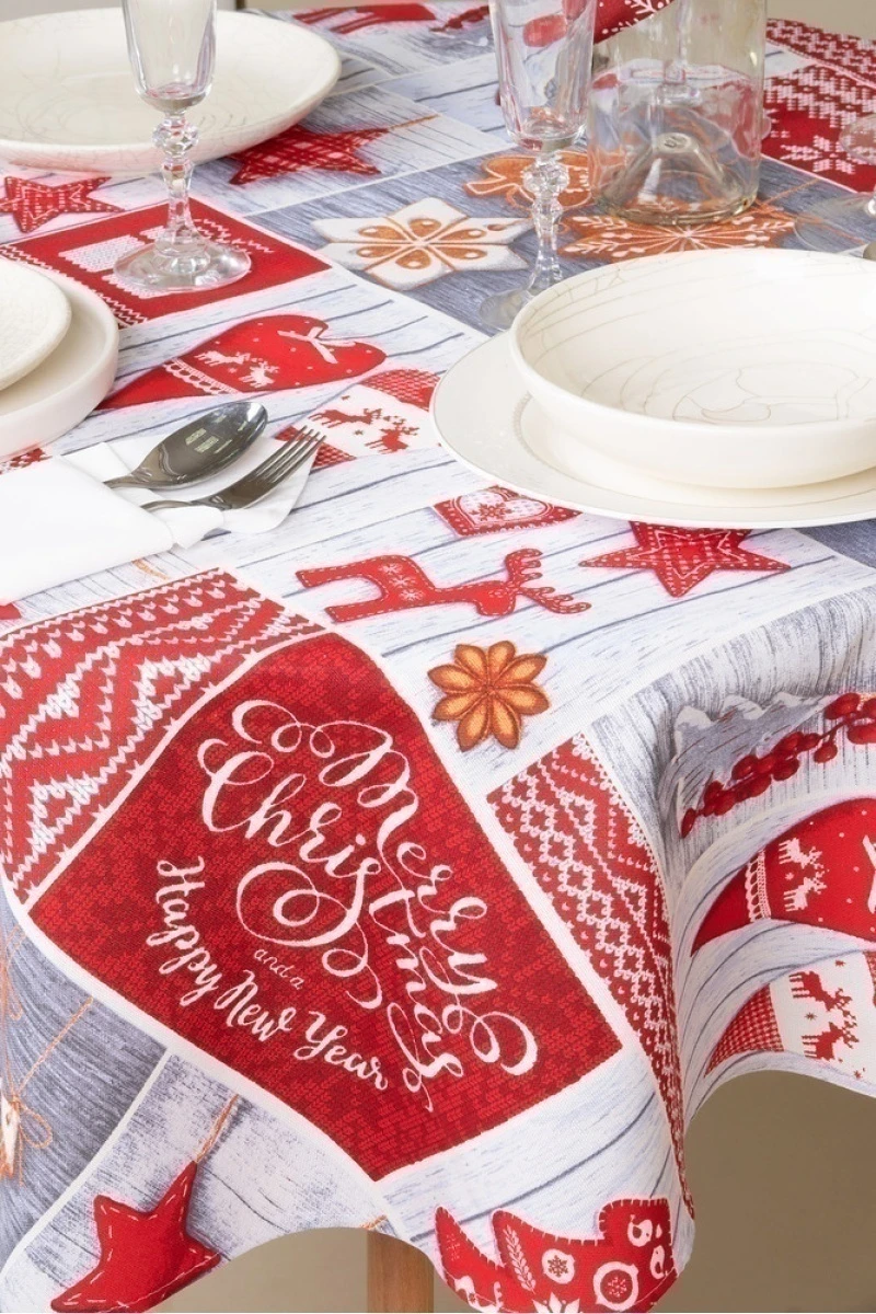 Скатерть круглая рогожка "Диз" Счастливого Рождества (145х145 см)