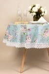 Скатерть круглая с кружевом рогожка "Диз" Цвет вишни (серо-голубой) (вид 9) (145х145 см)