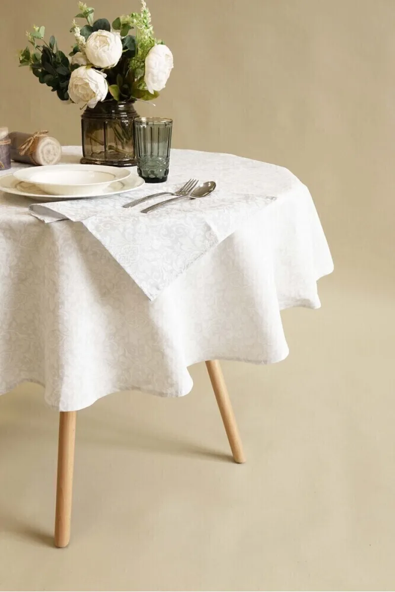 Скатерть круглая рогожка "Диз" Белое кружево (145х145 см)