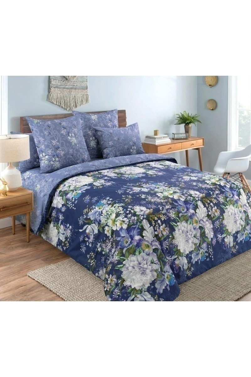 Простыня на резинке перкаль "ТД" "Белый стих 1" арт. 209601 синий тип 2