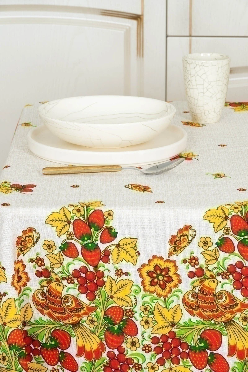 Скатерть рогожка "Диз" Хохлома (земляника)